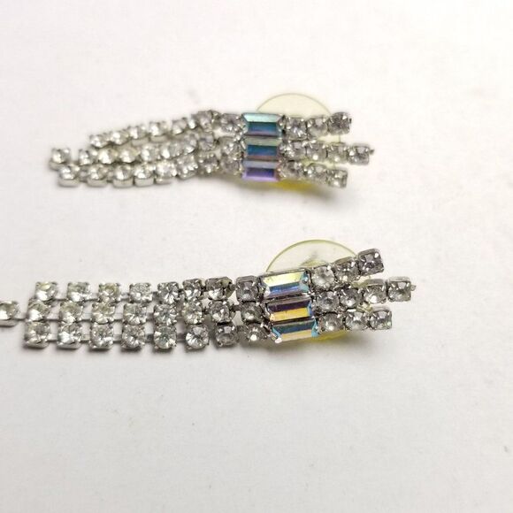 Vintage Rhinestone Fringe Dangle Stud Earrings, Retro Sparkle Fancy Formal - Picture 2 of 5